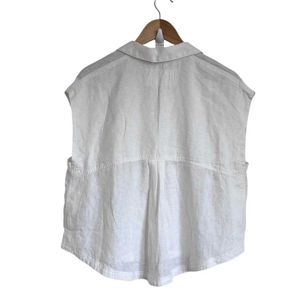 Free People Womens Oversized Linen Button Down Shirt XS White Boho Coastal Crop